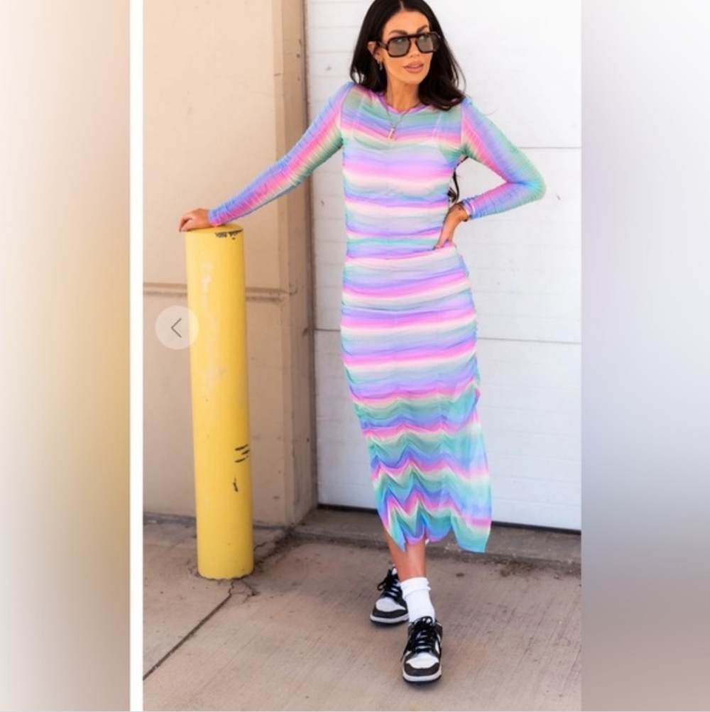 Dressed In LALA Queen of the World Ruched Mesh Dress + Slip in Candy Rainbow